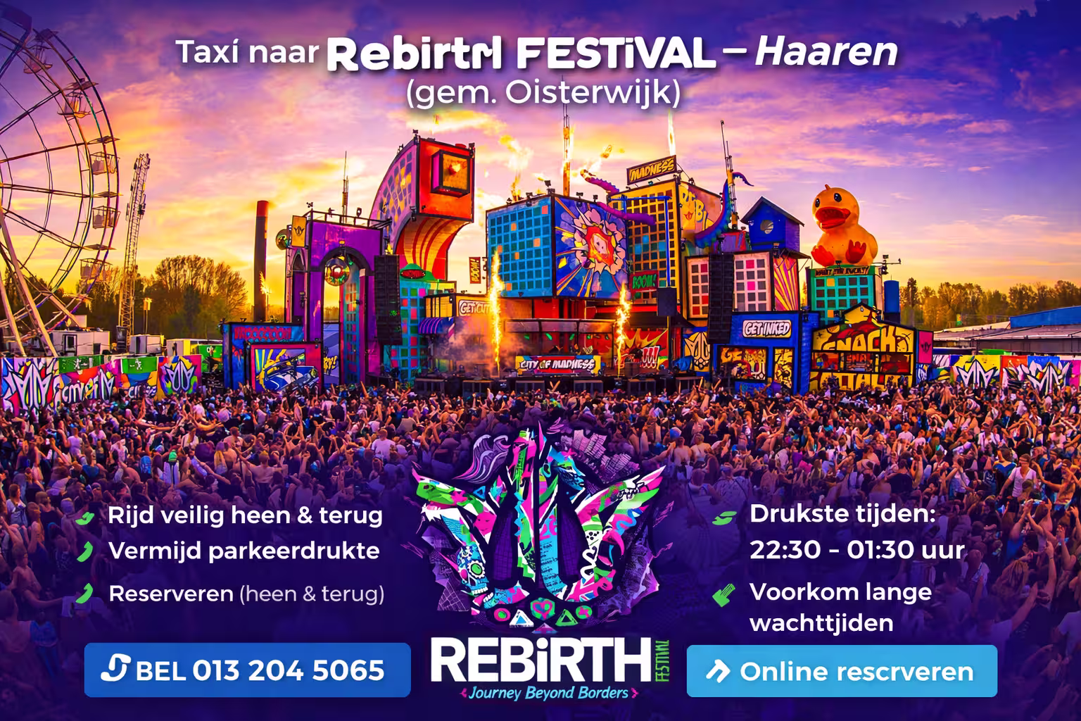 Taxi bij Rebirth Festival 2026 in Haaren – vaste prijs festivalvervoer